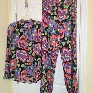 Johnny Was Multi Color Floral Button-Up Shirt and Pants Set